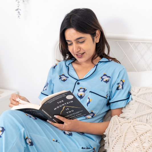 Penguin Parade Pajama Set | 100% Biowash Premium Cotton | Women Sleepwear