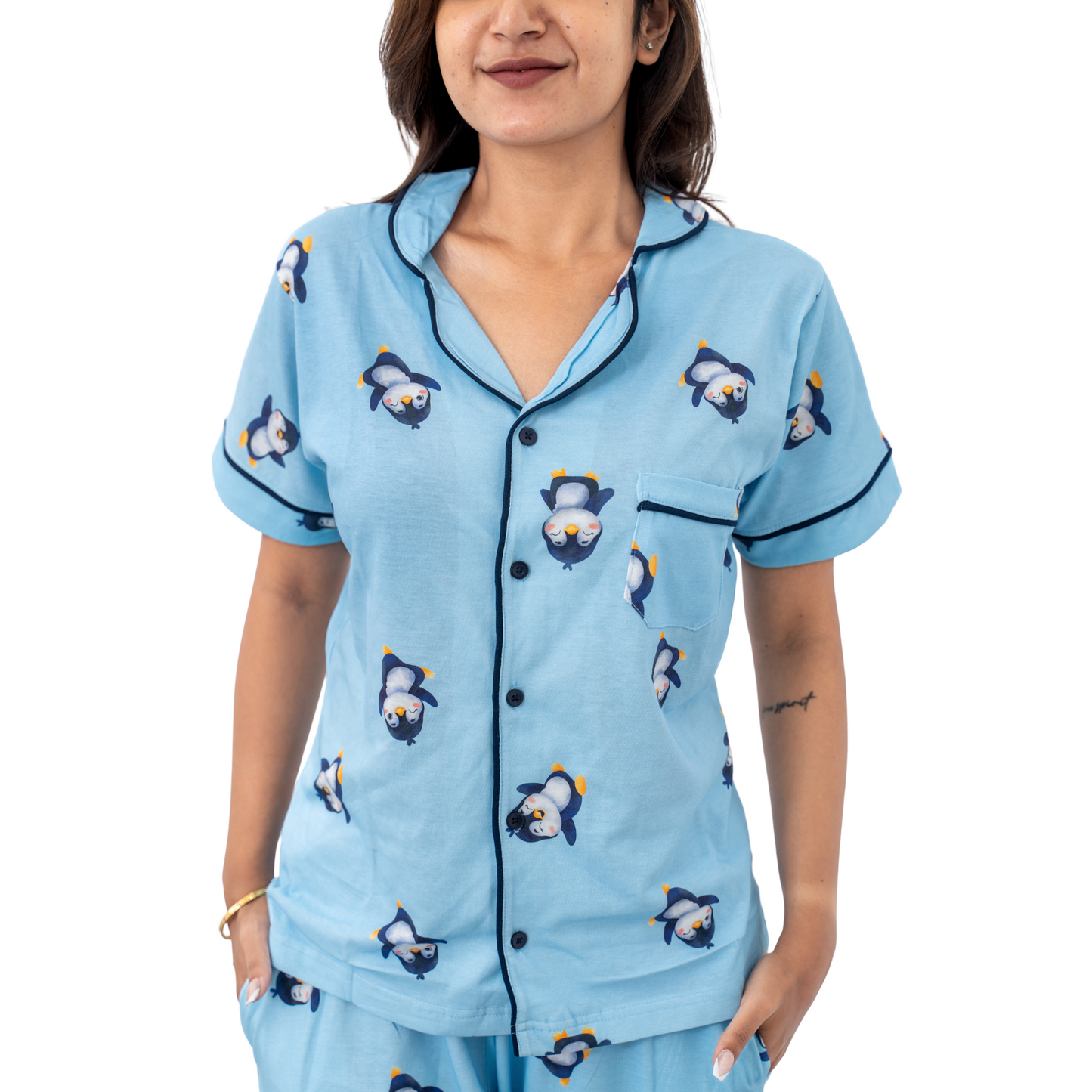 Penguin Parade Pajama Set | 100% Biowash Premium Cotton | Women Sleepwear