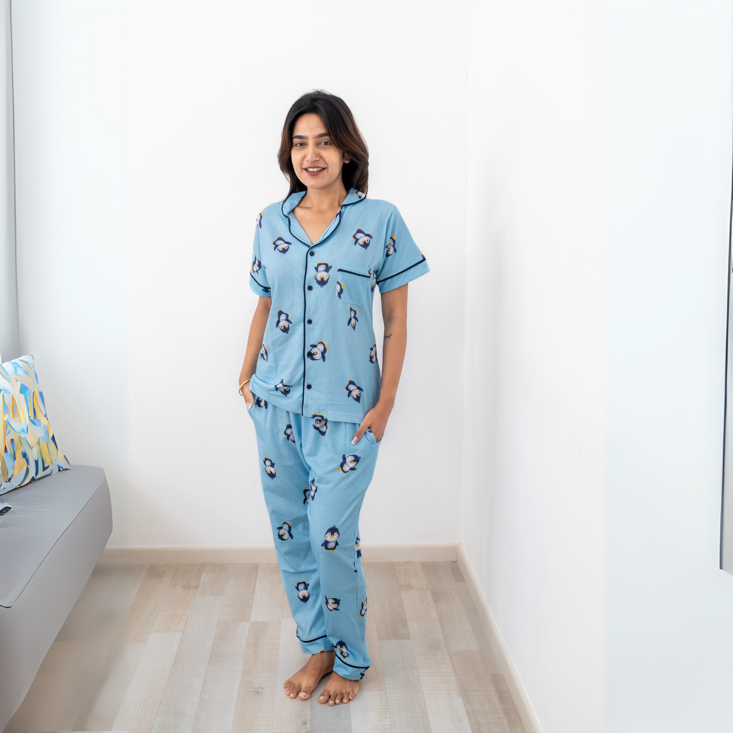 Penguin Parade Pajama Set | 100% Biowash Premium Cotton | Women Sleepwear